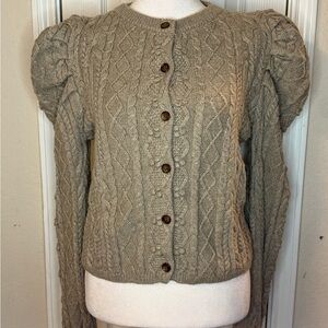 Something Navy Camel Puff Sleeve Chunky Knit Cable Knit Cardigan Size M